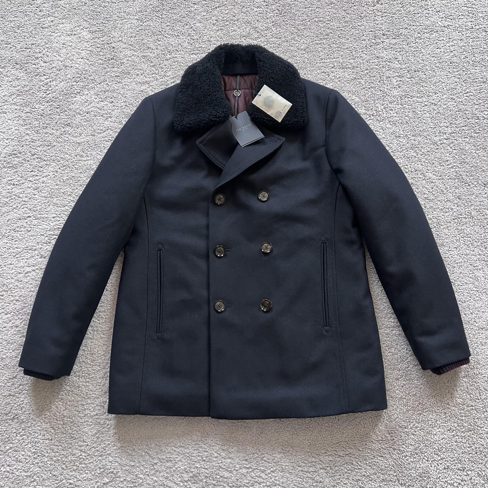 Ted Baker Frost Wadded Wool Overcoat Mens 4 Navy Peacoat Shearling Collar